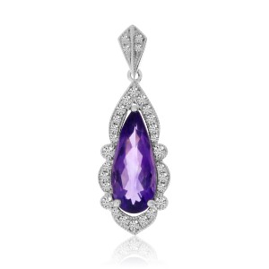 14K White Gold Long Pear Amethyst and Diamond Semi Precious Pendant