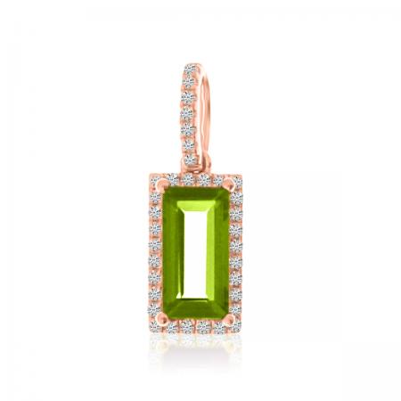 14K Rose Gold Emerald Cut Peridot and Diamond Halo Pendant