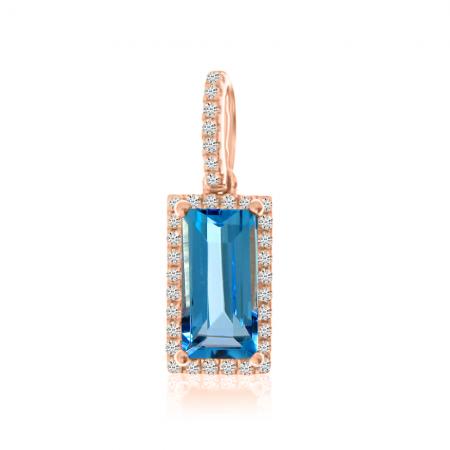 14K Rose Gold Emerald Cut Blue Topaz and Diamond Pendant