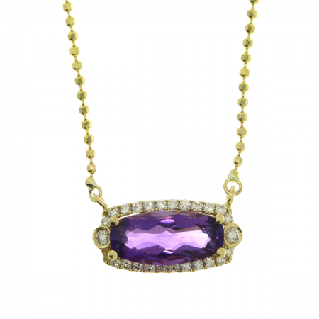 14K Yellow Gold Oval Amethyst and Diamond Semi Precious Necklace