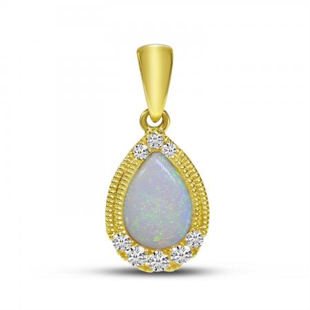 14K Yellow Gold Pear Cut Opal and Diamond Pendant