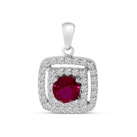 14K White Gold Double Halo Ruby Square Pendant