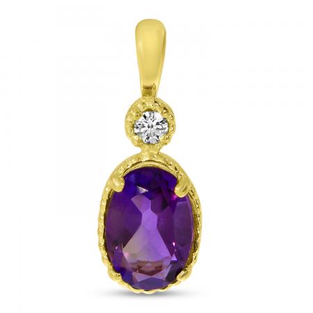 10K Yellow Gold Oval Amethyst and Diamond Millgrain Birthstone Pendant