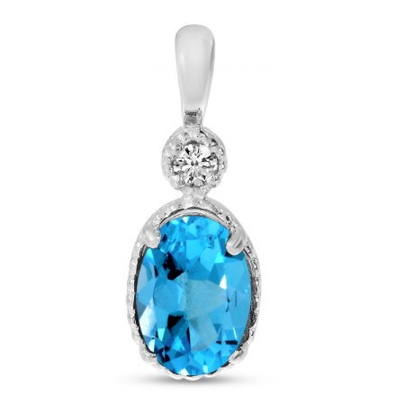 14K White Gold Oval Blue Topaz Millgrain Birthstone Pendant