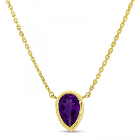 14K Yellow Gold Pear Amethyst Birthstone Necklace