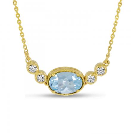 14K Yellow Gold Oval Aquamarine Birthstone Millgrain Necklace