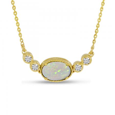 14K Yellow Gold Oval Opal Birthstone Millgrain Necklace