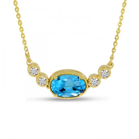 14K Yellow Gold Oval Blue Topaz  Birthstone Millgrain Necklace