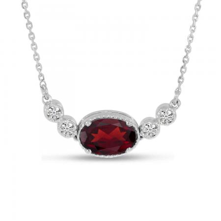 14K White Gold Oval Garnet Birthstone Millgrain Necklace