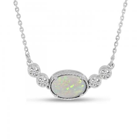 14K White Gold Oval Opal Birthstone Millgrain Necklace