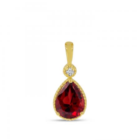 14K Yellow Gold Pear Cut Garnet With Diamond Pendant