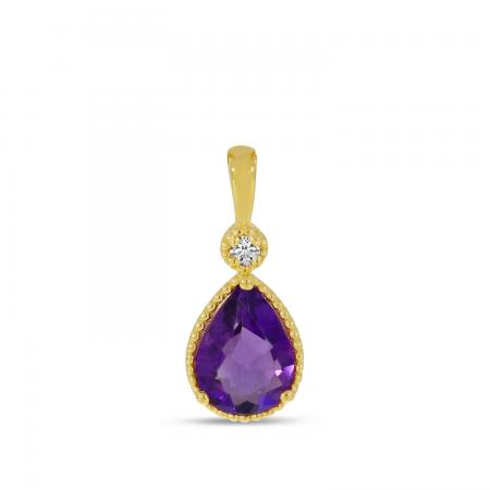 14K Yellow Gold Pear Amethyst With Diamond Millgrain Birthstone Pendant