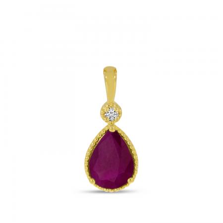 14K Yellow Gold Pear Ruby With Diamond Millgrain Birthstone Pendant