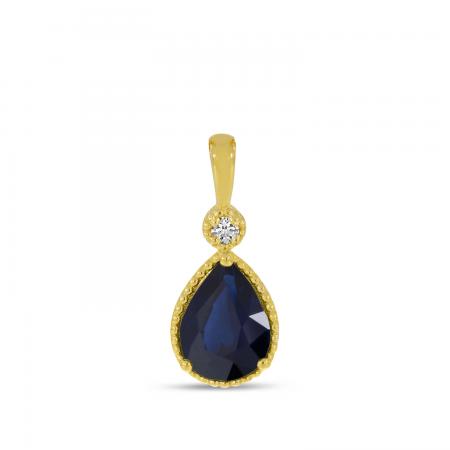 14K Yellow Gold Pear Sapphire With Diamond Millgrain Birthstone Pendant