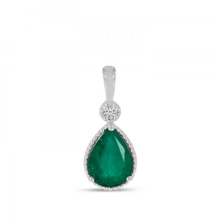 14K White Gold Pear Emerald With Diamond Millgrain Birthstone Pendant