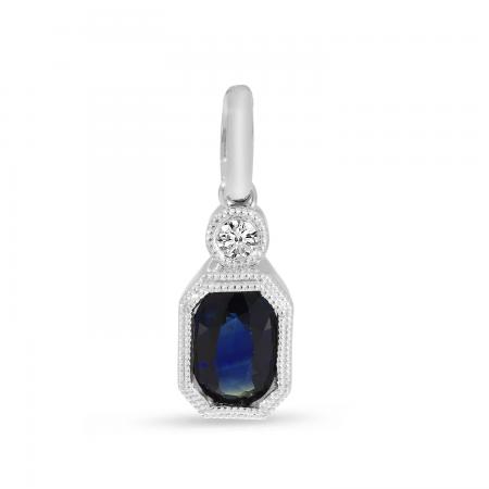 14K White Gold Sapphire and Diamond Hexagon Millgrain Pendant