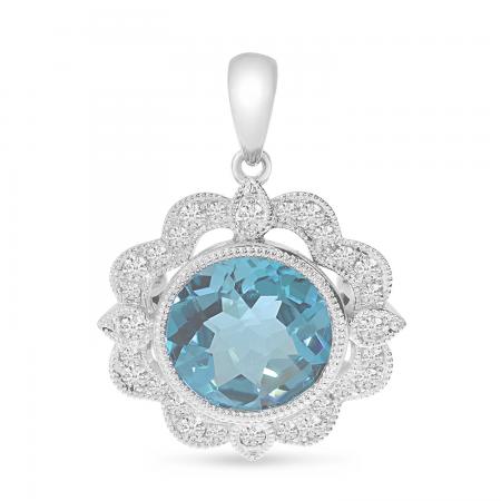 14K White Gold Round Aquamarine and Diamond Millgrain Pendant