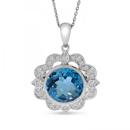 14K White Gold Round Blue Topaz and Diamond Millgrain Pendant