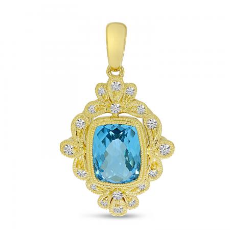 14K Yellow Gold Blue Topaz Cushion with Diamond Milgrain Pendant