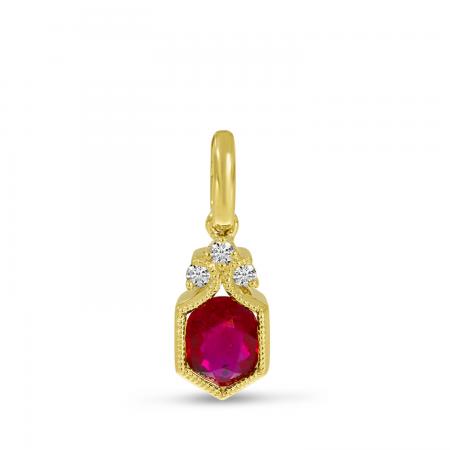 14K Yellow Gold Ruby and Diamond Hexagon Millgrain Pendant