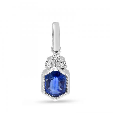 14K White Gold Sapphire and Diamond Hexagon Millgrain Pendant