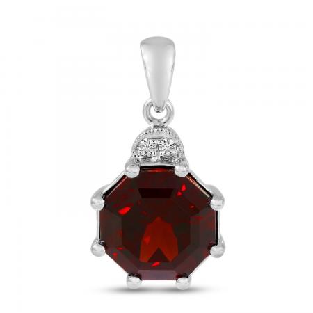 14K White Gold Octagon Garnet and Diamond Pendant