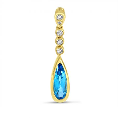 14K Yellow Gold Pear Blue Topaz and Diamond Teardrop Pendant