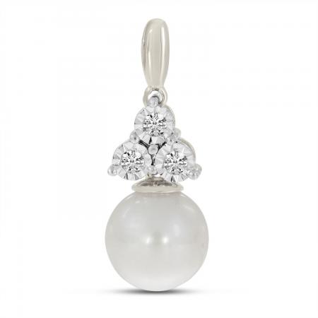 14K White Gold Pearl and Diamond Triangle Pendant