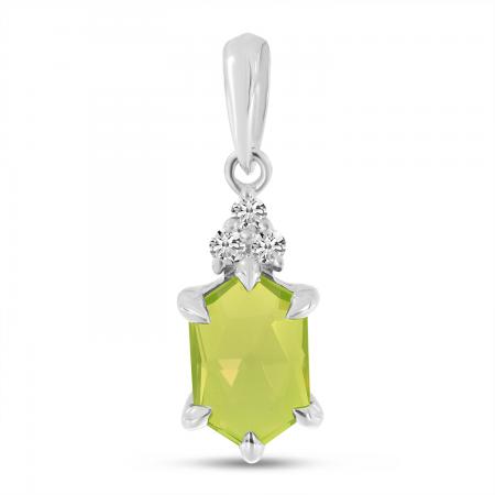 14K White Gold Hexagon Peridot and Diamond Pendant