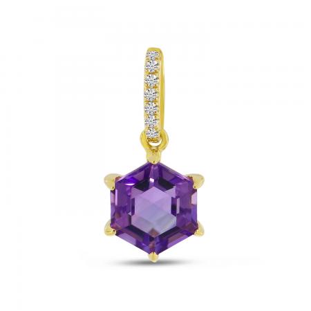 14K Yellow Gold Hexagon Amethyst and Diamond Pendant