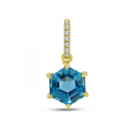 14K Yellow Gold Hexagon Blue Topaz and Diamond Pendant