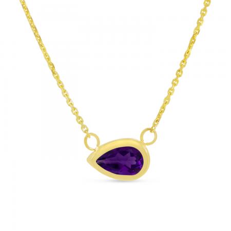 14K Yellow Gold Pear Amethyst East to West Birthstone Necklace