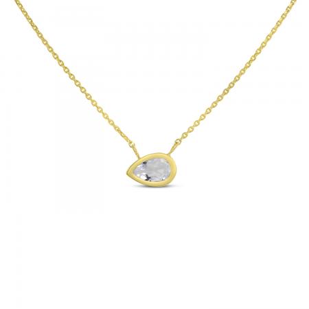 14K Yellow Gold Pear White Topaz East to West Birthstone Necklace