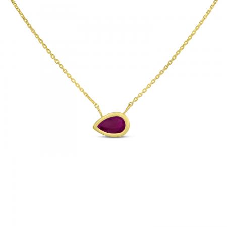 14K Yellow Gold Pear Ruby East to West Birthstone Necklace