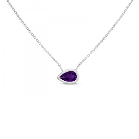 14K White Gold Pear Amethyst East to West Birthstone Necklace