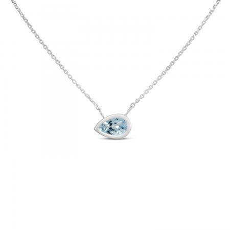 14K White Gold Pear Aquamarine East to West Birthstone Necklace