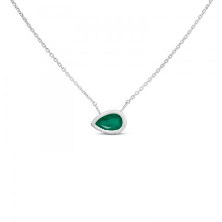 14K White Gold Pear Emerald East to West Birthstone Necklace