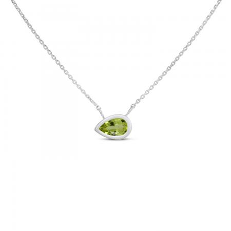 14K White Gold Pear Peridot East to West Birthstone Necklace