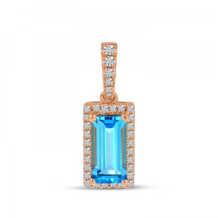 14K Rose Gold Emerald Cut Blue Topaz and Diamond Pendant