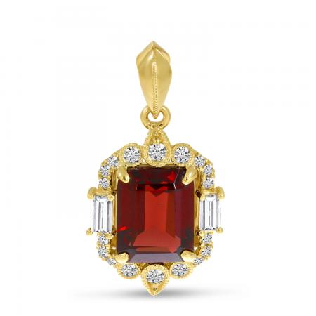 14K Yellow Gold Emerald Cut Garnet and White Topaz and Diamond Halo Pendant