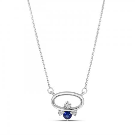 14K White Gold Round Sapphire and Diamond East to West Oval 18 Necklace\"