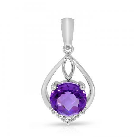 14K White Gold Round Amethyst and Diamond Pear Shape Pendant