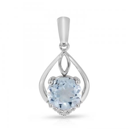 14K White Gold Round Aquamarine and Diamond Pendant