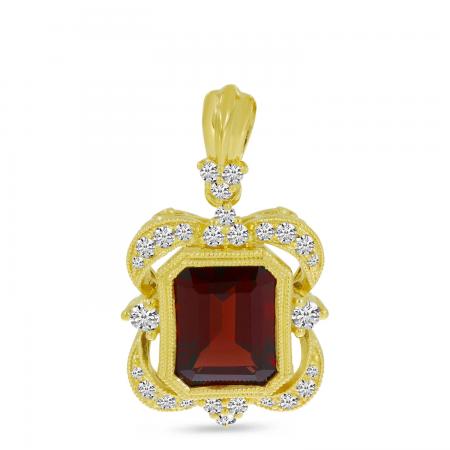 14K Yellow Gold Emerald Cut Garnet and Diamond Millgrain Pendant