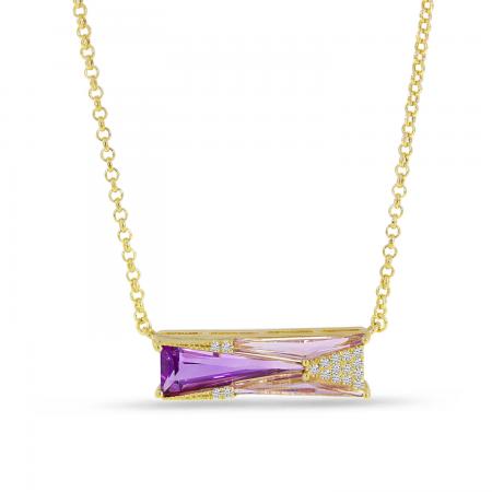 14K Yellow Gold Double Geometric Trillion Amethyst and Diamond 18 Necklace\"