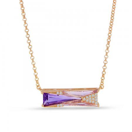 14K Rose Gold Double Geometric Trillion Amethyst and Diamond 18 Necklace\"