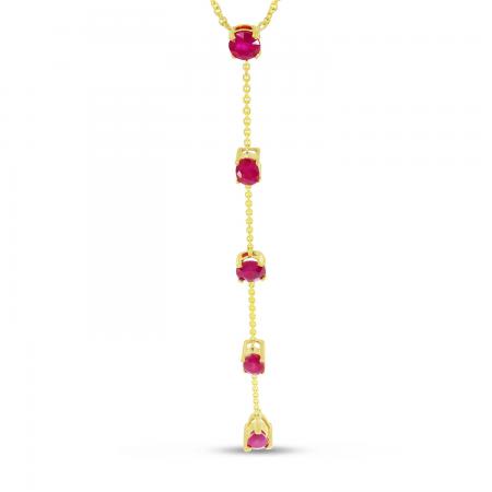 14K Yellow Gold Round Ruby Five Stone Lariat 18 Cable Necklace\"