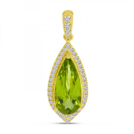 14K Yellow Gold Pear Peridot and Diamond Halo Pendant