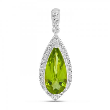 14K White Gold Pear Peridot and Diamond Halo Pendant