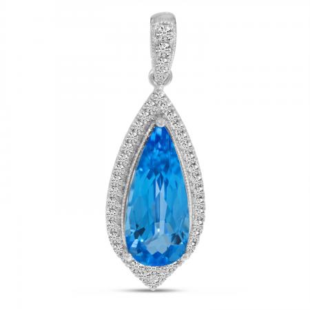 14K White Gold Pear Blue Topaz and Diamond Halo Pendant